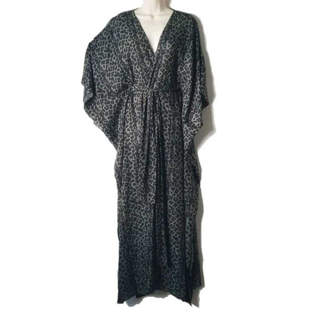 NWOT Good American Goddess Kimono Cover Up Robe 0/4 Khaki Leopard Black Green
